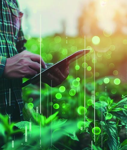 Homme avec tablette numérique entouré de végétation