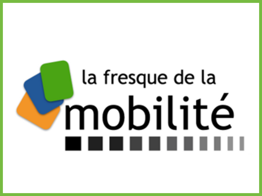 Logo de La Fresque de la Mobilité avec trois carrés de couleur vert, bleu et orange, suivi d'une ligne de carrés dégradés allant du noir au gris